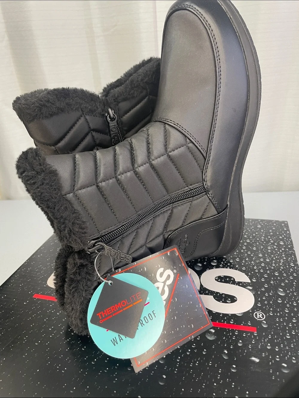 totes Black Quilted Faux-Fur Winter Boots with Side Zip